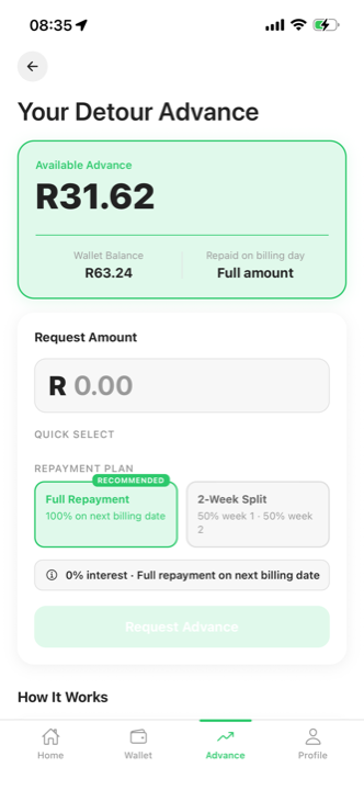 Detour driver app, zero percent interest advance request