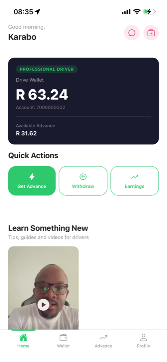 Detour driver app, home screen with drive wallet and available advance