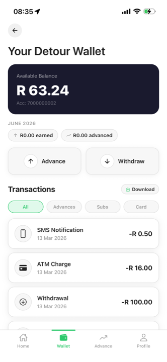 Detour driver app, wallet with earnings and transactions