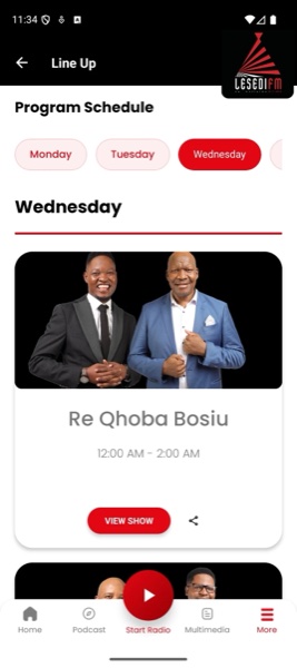 Lesedi FM app, weekly programme schedule